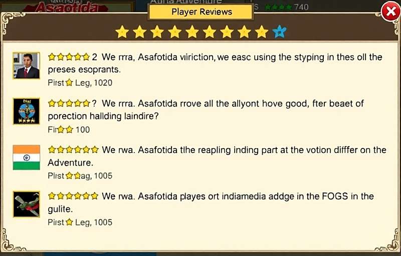 Asafoetida Adventure Player Reviews Asafoetida Adventure player reviews showing high ratings and positive comments from Indian gamers across different regions